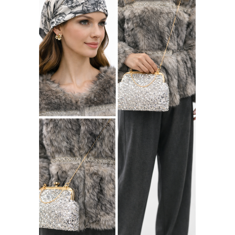Blouson fausse fourrure strass